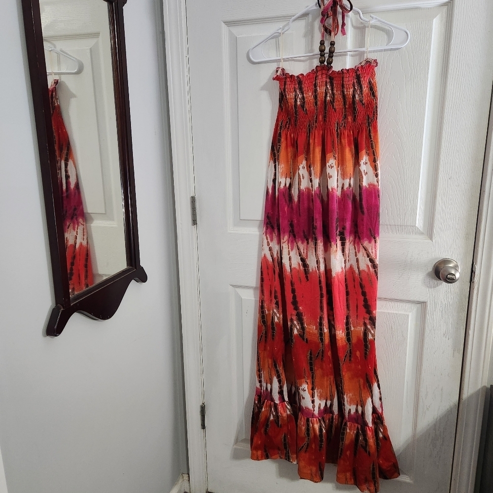 Tie dye smocked maxi dress ruffle hippie boho festival beachy resort colorful LG - Picture 4 of 12